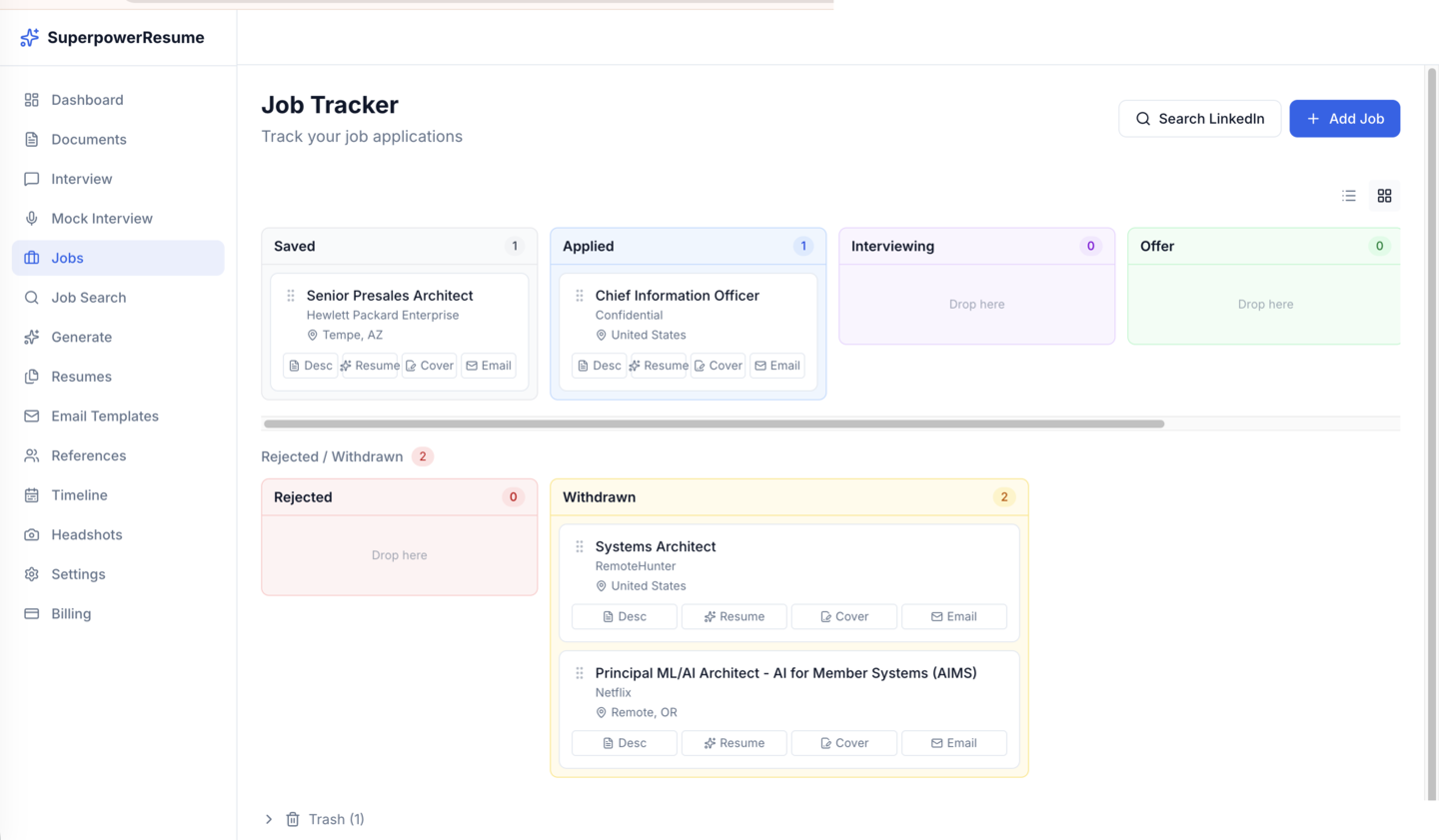 Job tracker Kanban board with Saved, Applied, Interviewing, and Offer columns