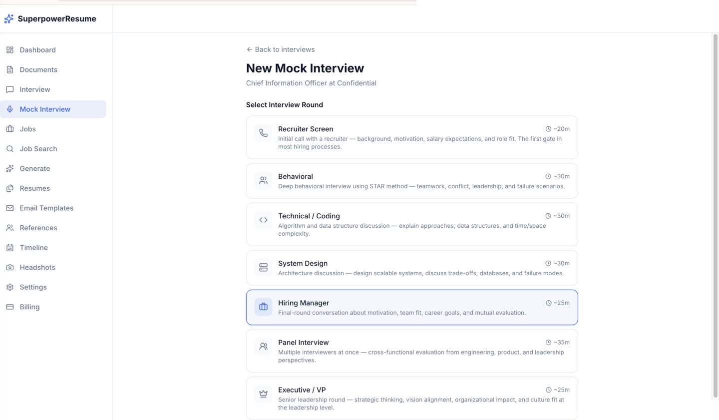 Mock interview round selection with 7 interview types